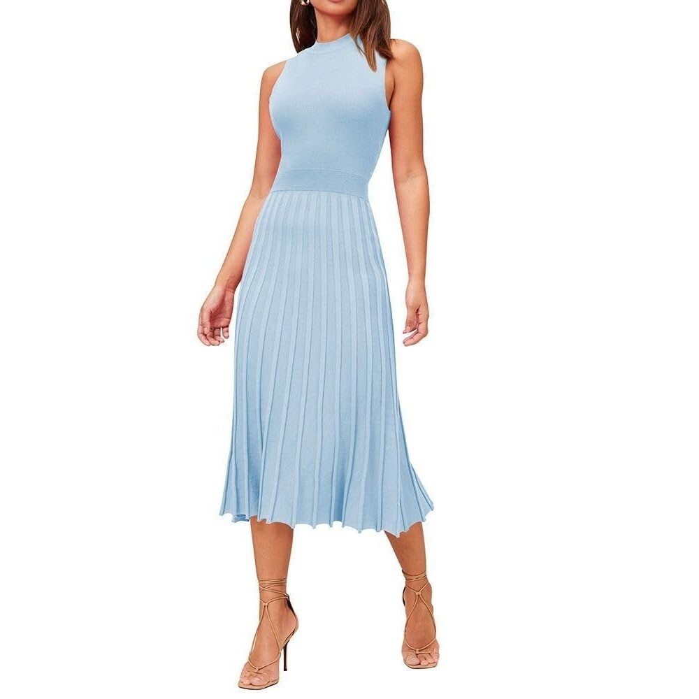 Pink Queen Women's Crew Neck Sleeveless Pleated Bodycon Knit Midi Dress Blue